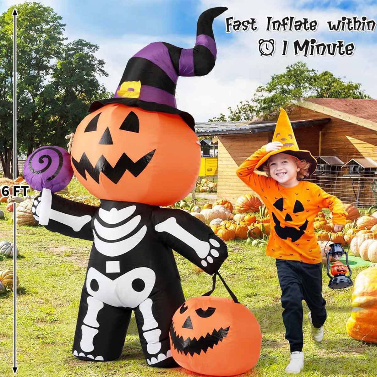 Inflatable Horror Pumpkin Skull Body Built-in LED Light Halloween Decoration - Toyworks