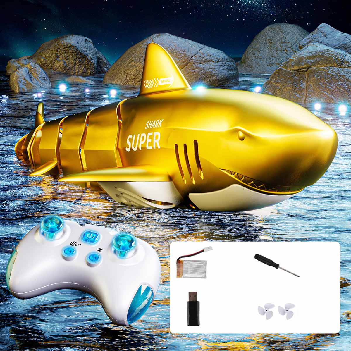 Pool Toys, Boys Remote Control Shark Toy, Children's Bath Toys, High Simulation Shark Remote Control Boat Boy Toy with Light and Water Spray, Gift for Boys and Girls over 6 Years Old